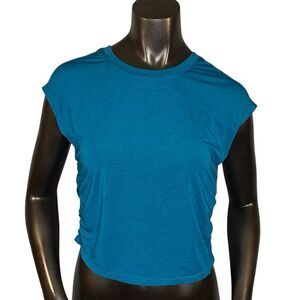 Zella NWT Cropped Tee Wear 2 Ways Crew Neck Womens Size XL Teal Blue Cap Sleeve
